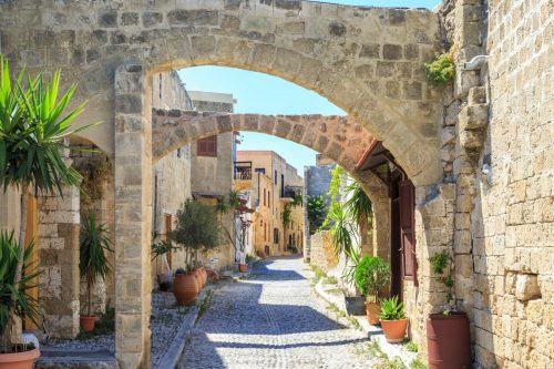 Historical,Streets,Of,Old,Town,Rhodes,With,Flowers,In,Rhodes,