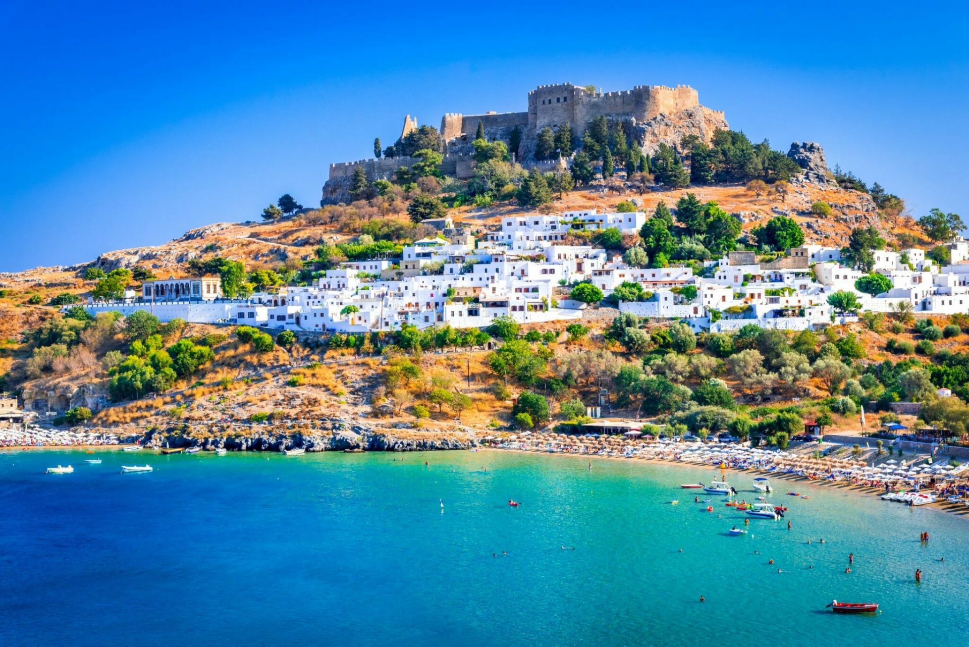 Rhodes,,Greece.,Lindos,Small,Whitewashed,Village,And,The,Acropolis,,Scenery