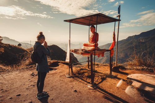 Girl,Traveler,Worships,Buddha,In,The,Mountains,,Sri,Lanka