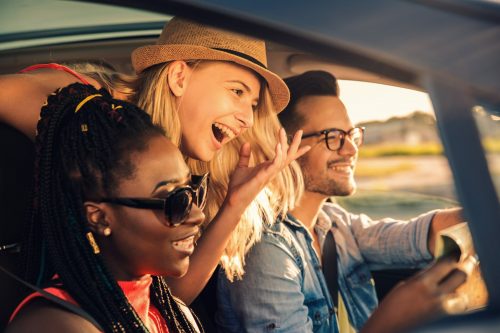 Three,Best,Friends,Enjoying,Traveling,At,Vacation,In,The,Car.