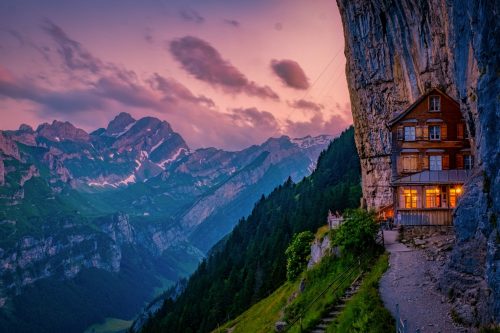 Swiss,Alps,And,A,Mountain,Restaurant,Under,The,Aescher,Cliff