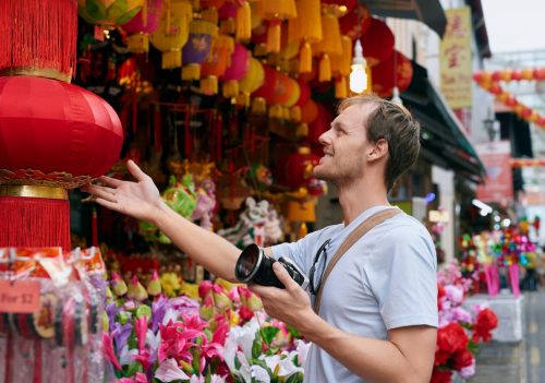 Tourist,Traveler,With,Camera,In,Modern,Asian,City,Chinatown,Shopping